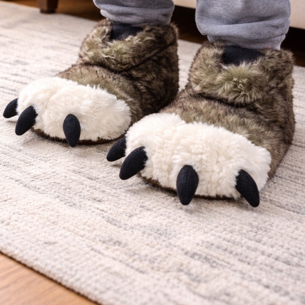 Faux Fur Monster Claw Slippers - Olive Green & Cream